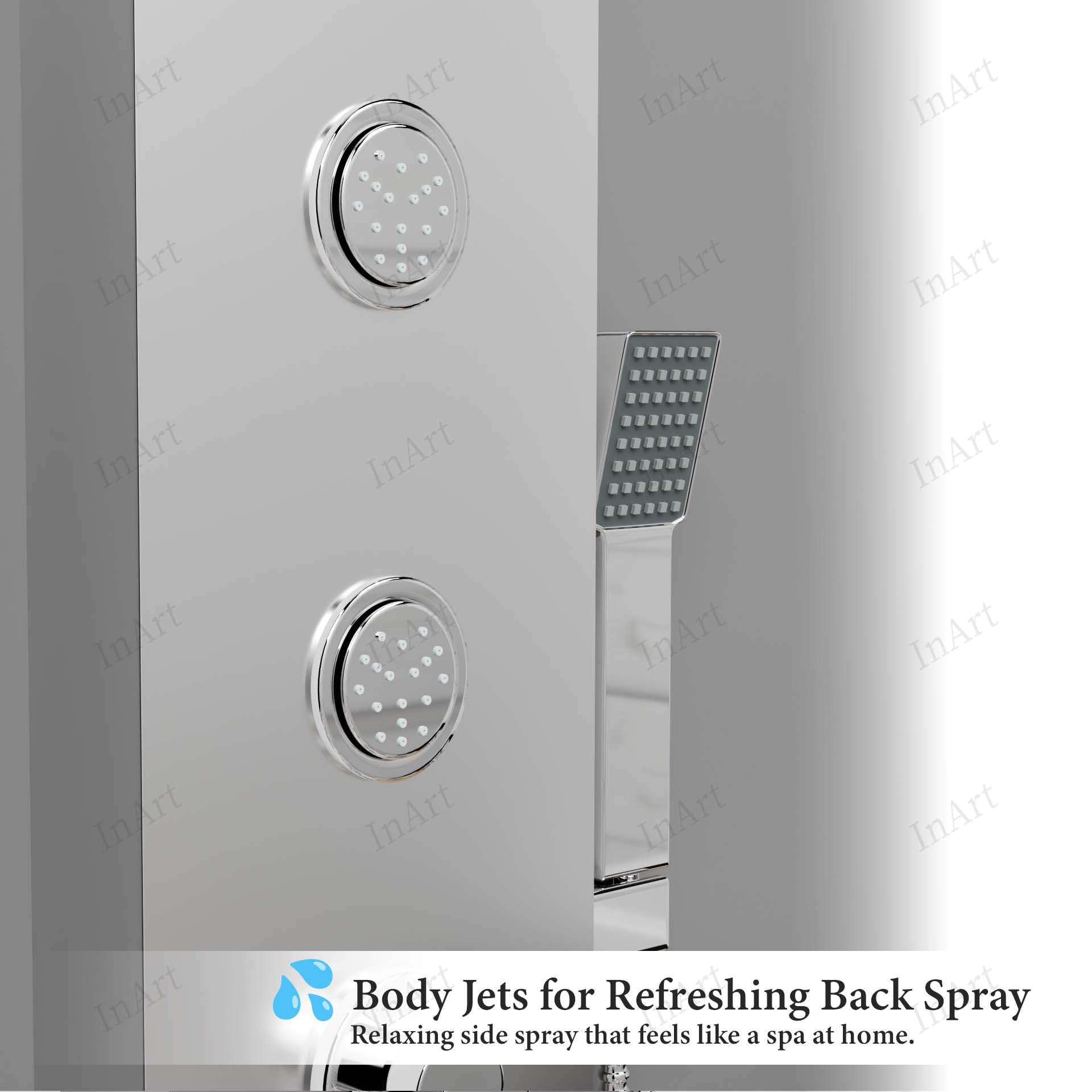 InArt handheld shower with hose on chrome shower panel, premium bathroom shower set detail