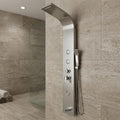 Ceiling shower set style rainfall head on stainless steel shower panel tower, brushed chrome finish close-up