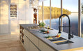 Black pull out sink mixer with single lever control and swivel spout, angled view for modern Indian kitchens