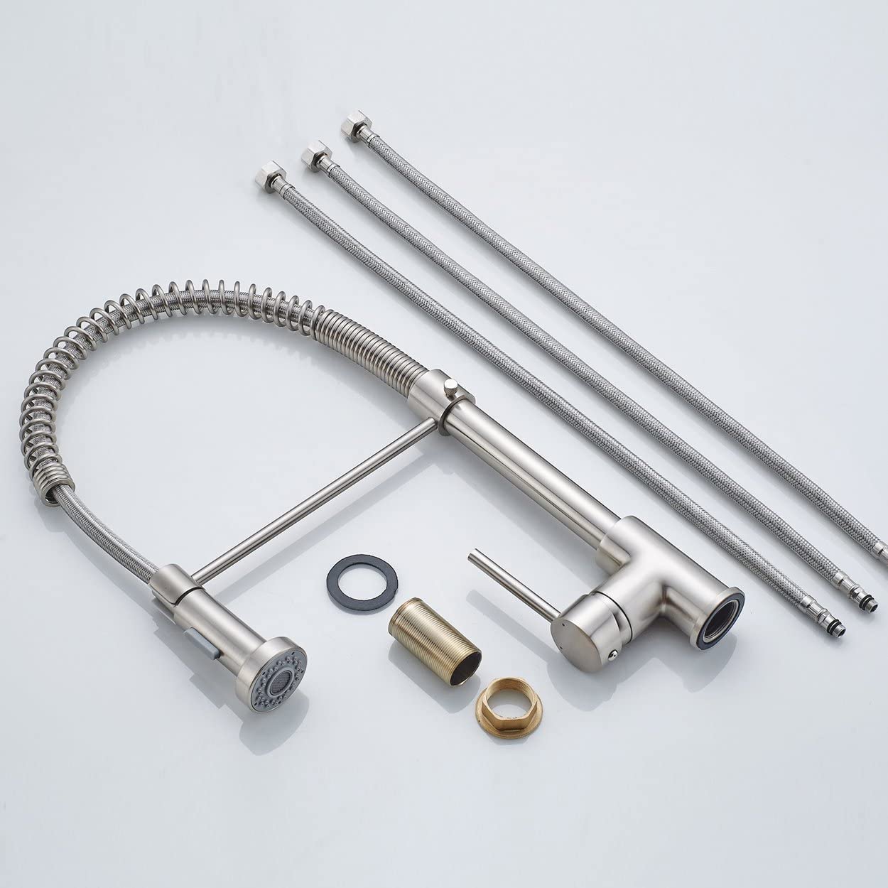 InArt tap mixer for sink with flexible pull-out hose and high-arc spout, close-up on handle and nozzle
