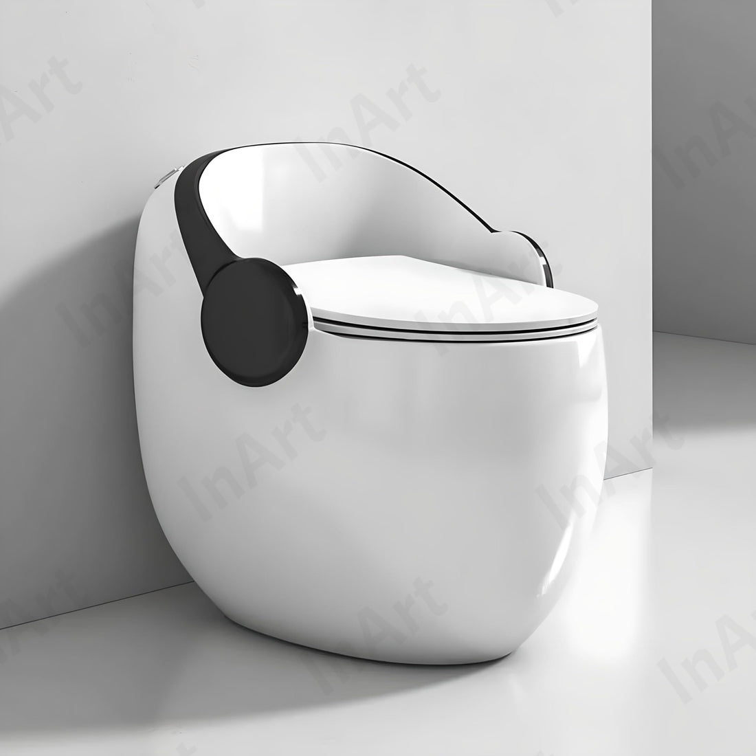 InArt ceramic western toilet egg shape commode in glossy white and black, floor mounted main view