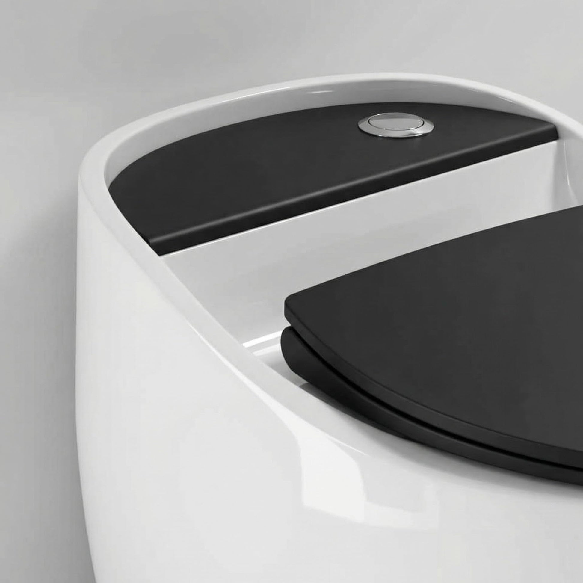 InArt oval one piece toilet commode in glossy white and black, top view showing egg-shaped bowl and soft close seat