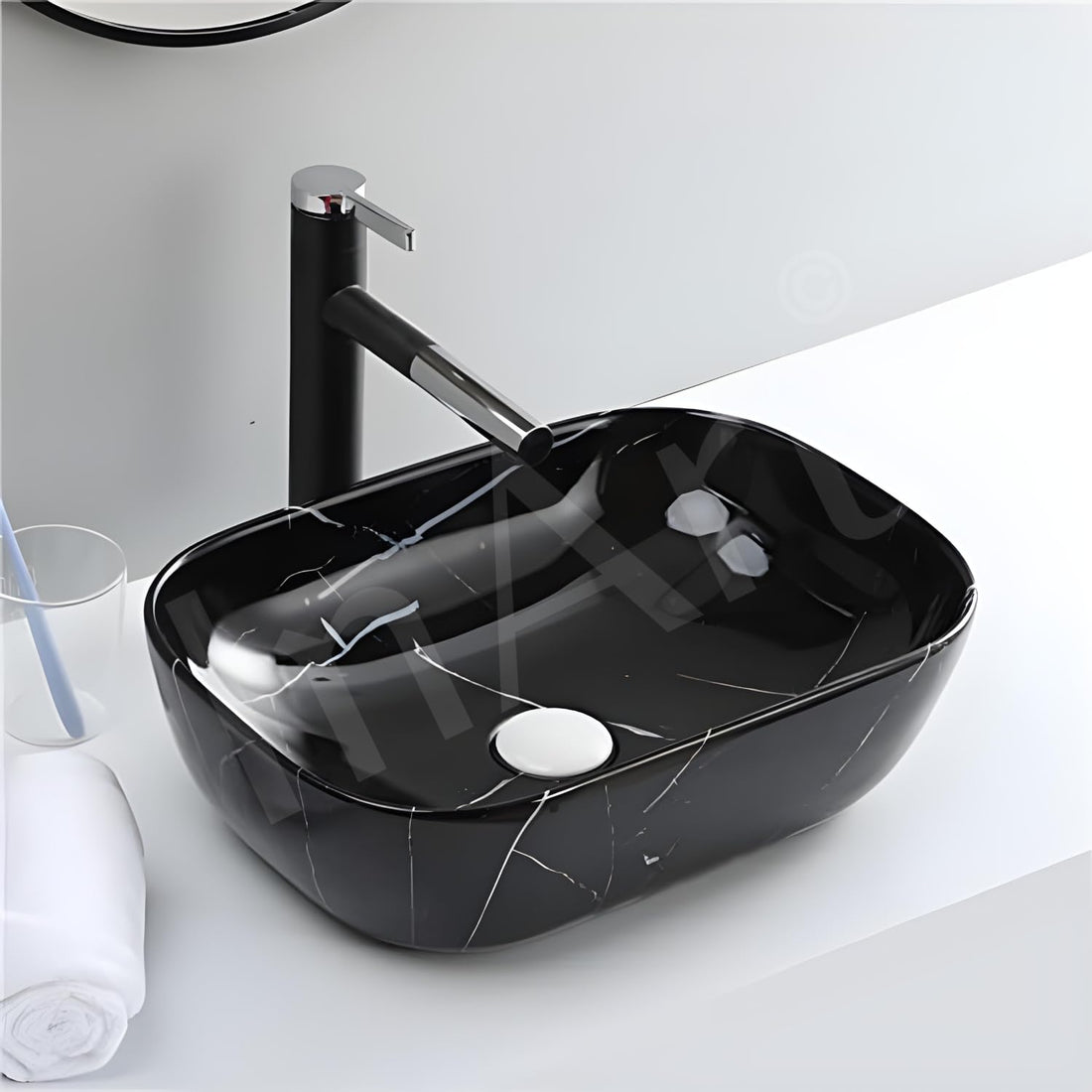 InArt ceramic rectangular table top wash basin design in black finish, main front view