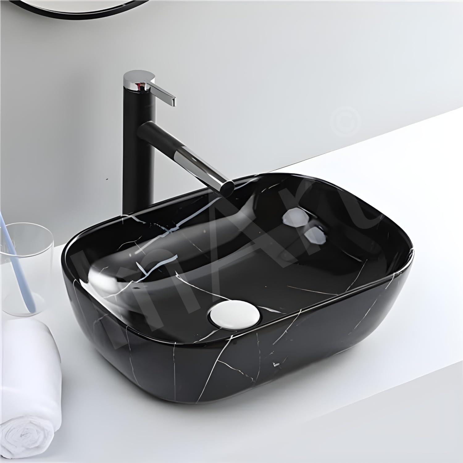 InArt ceramic rectangular table top wash basin design in black finish, main front view