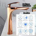 Rose gold pillar tap for wash basin, side angle view of long spout bathroom tap for home