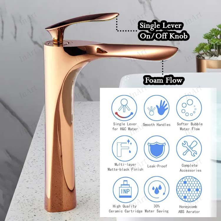 Rose gold pillar tap for wash basin, side angle view of long spout bathroom tap for home