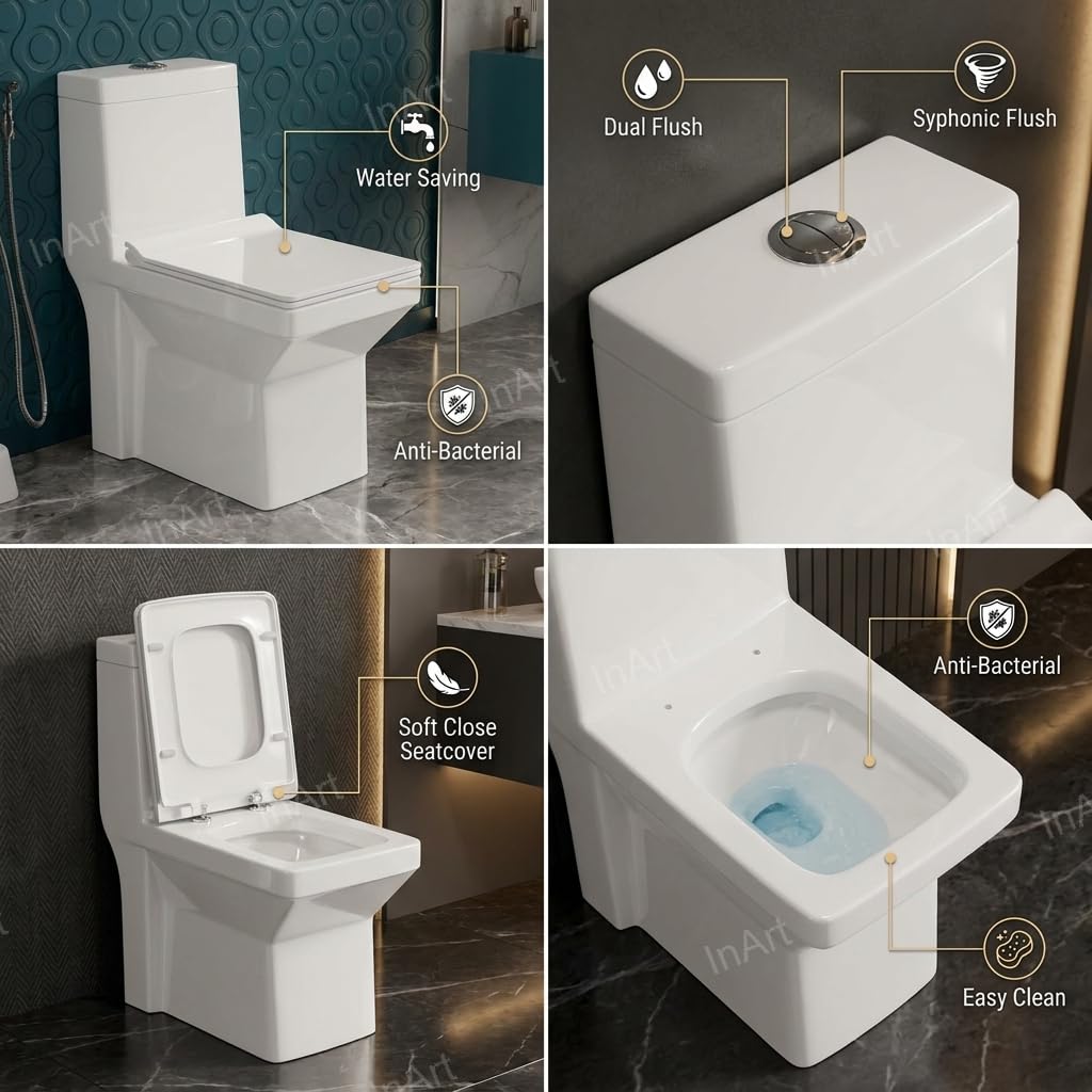 Western toilet single piece rear angle showing flush tank, oval ceramic commode in white for modern bathroom