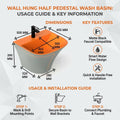 Compact 20 x 18 wall hung wash basin for small bathroom, rectangular ceramic basin with half pedestal