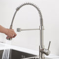 Stainless steel sink mixer tap with 360° swivel spout and single lever control, three-quarter angle view