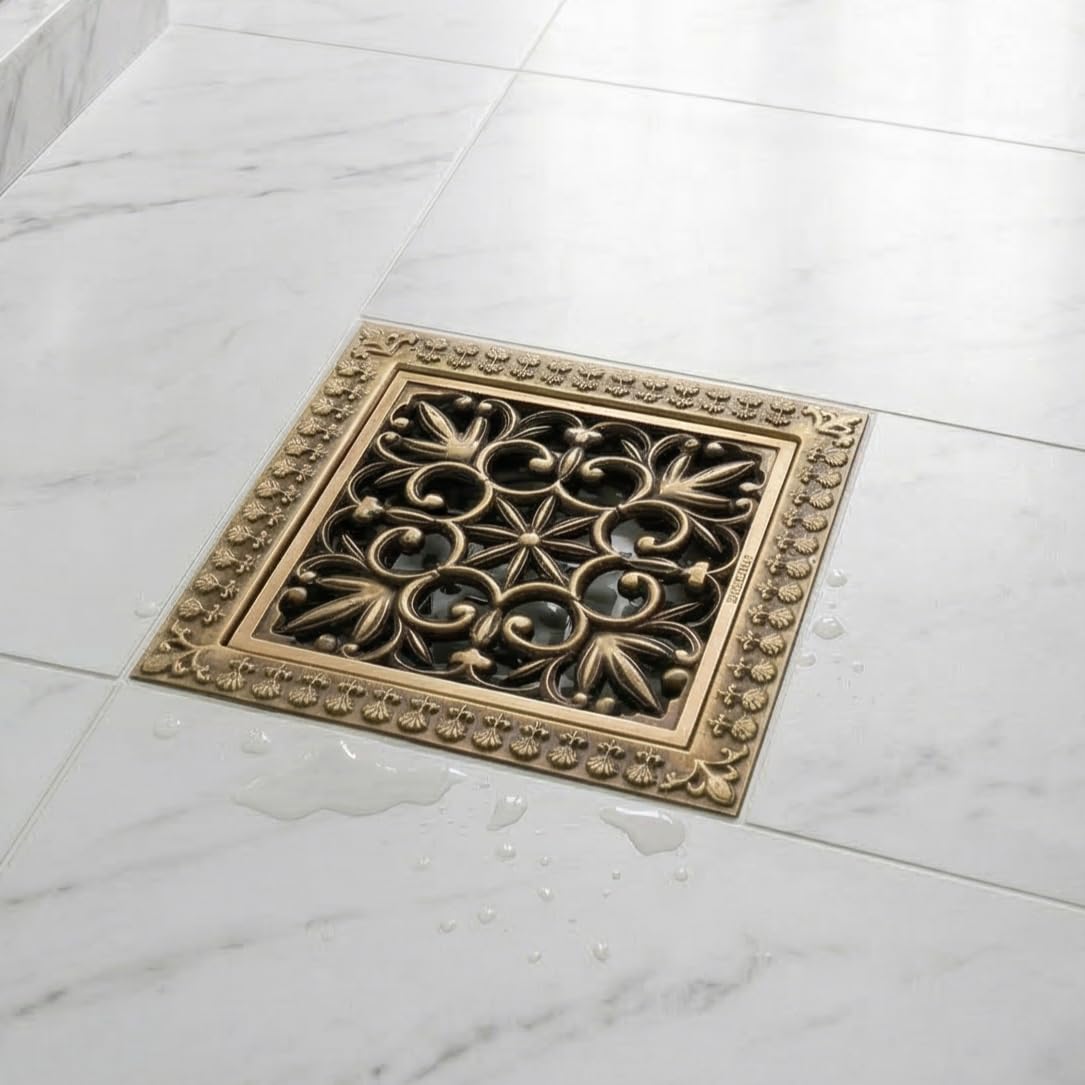 InArt brass floor drain jali with cockroach trap, square antique bronze finish, main view