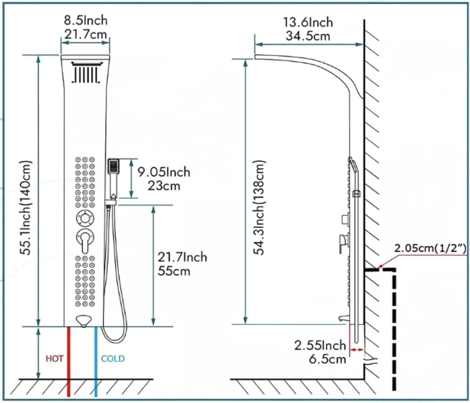 Handshower with SS hose on brushed chrome shower panel, wall mounted shower tower for daily use