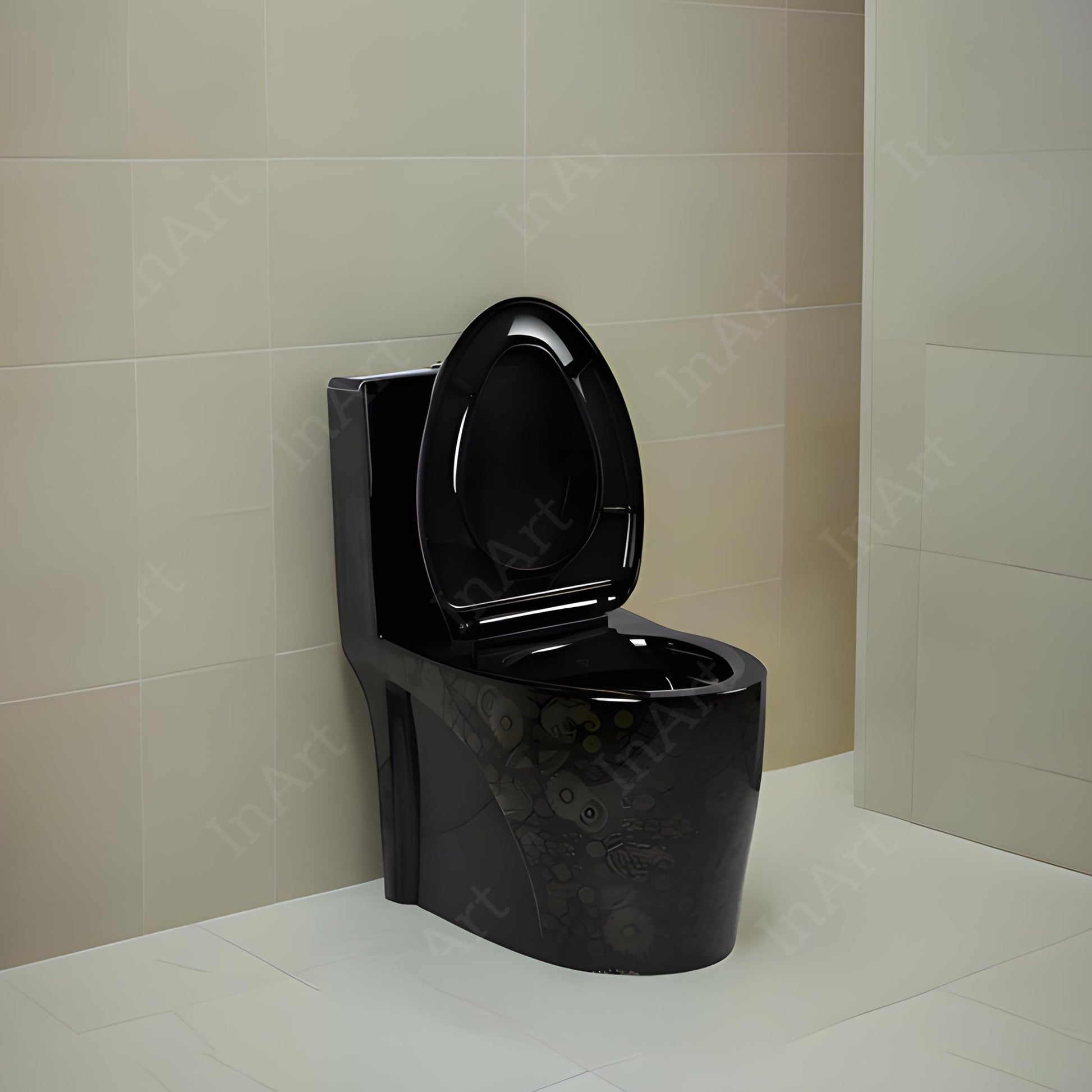 InArt western toilet single piece with 9 inch rough-in S-trap, oval ceramic commode shown at rear angle