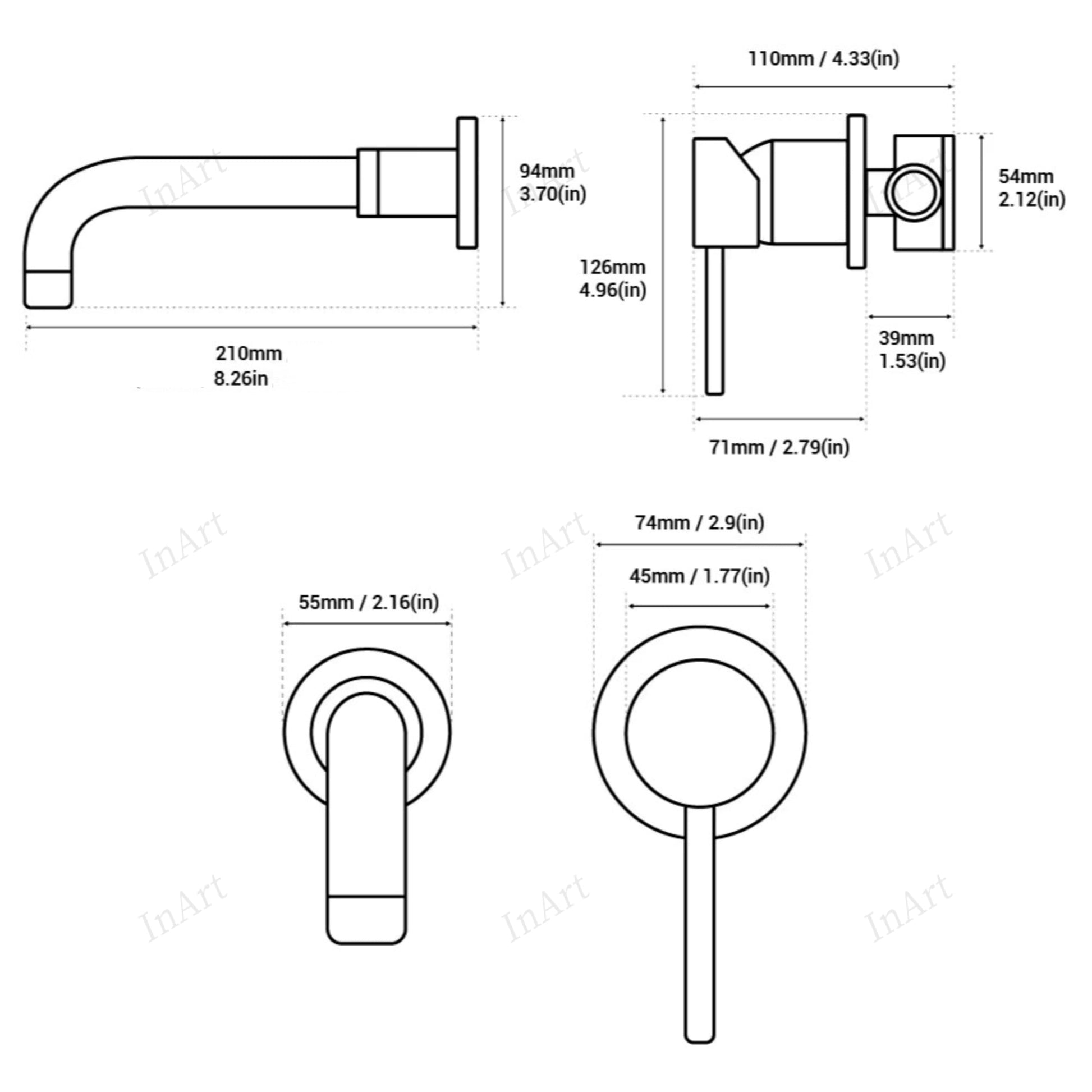 Single lever basin tap wall mounted in brushed golden finish, angled view of modern wall mounted tapware
