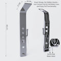 Installed chrome shower panel in modern Indian bathroom, rainfall head, body nozzles and hand shower set