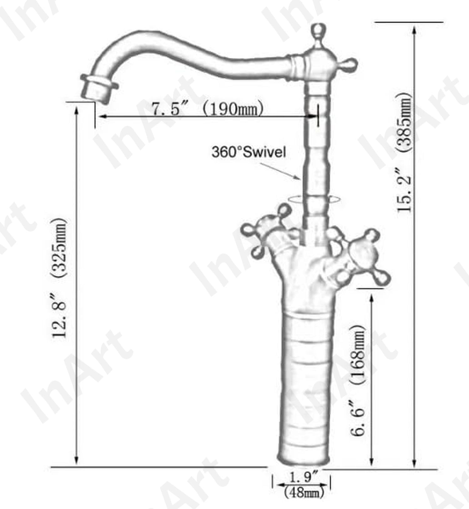 InArt deck mounted basin tap installed on wash basin in bathroom, hot and cold basin mixer with antique brass look