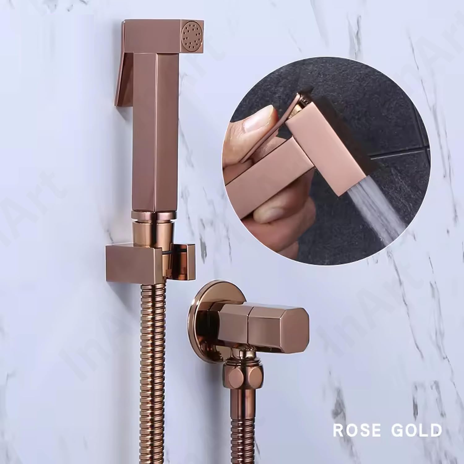 InArt health faucet for toilet with hose and holder, low water pressure jet spray tap set in rose gold