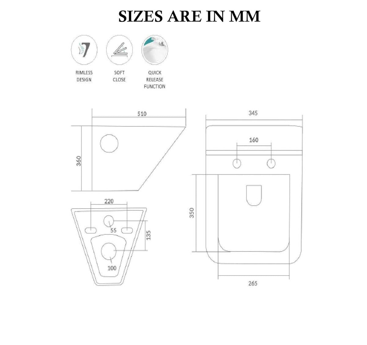 Commode Width InArt® Ceramic Rimless Wall Hung Commode – White Glossy | Soft Close S ...