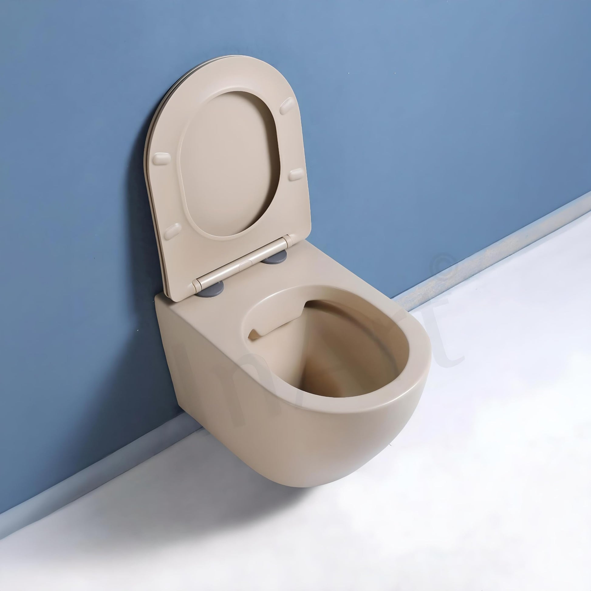 InArt wall mounted toilet in matt beige, side angle showing oval ceramic bowl and soft close seat