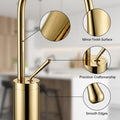 Detail of high neck spout on gold single lever basin mixer tap, ideal for countertop wash basin clearance
