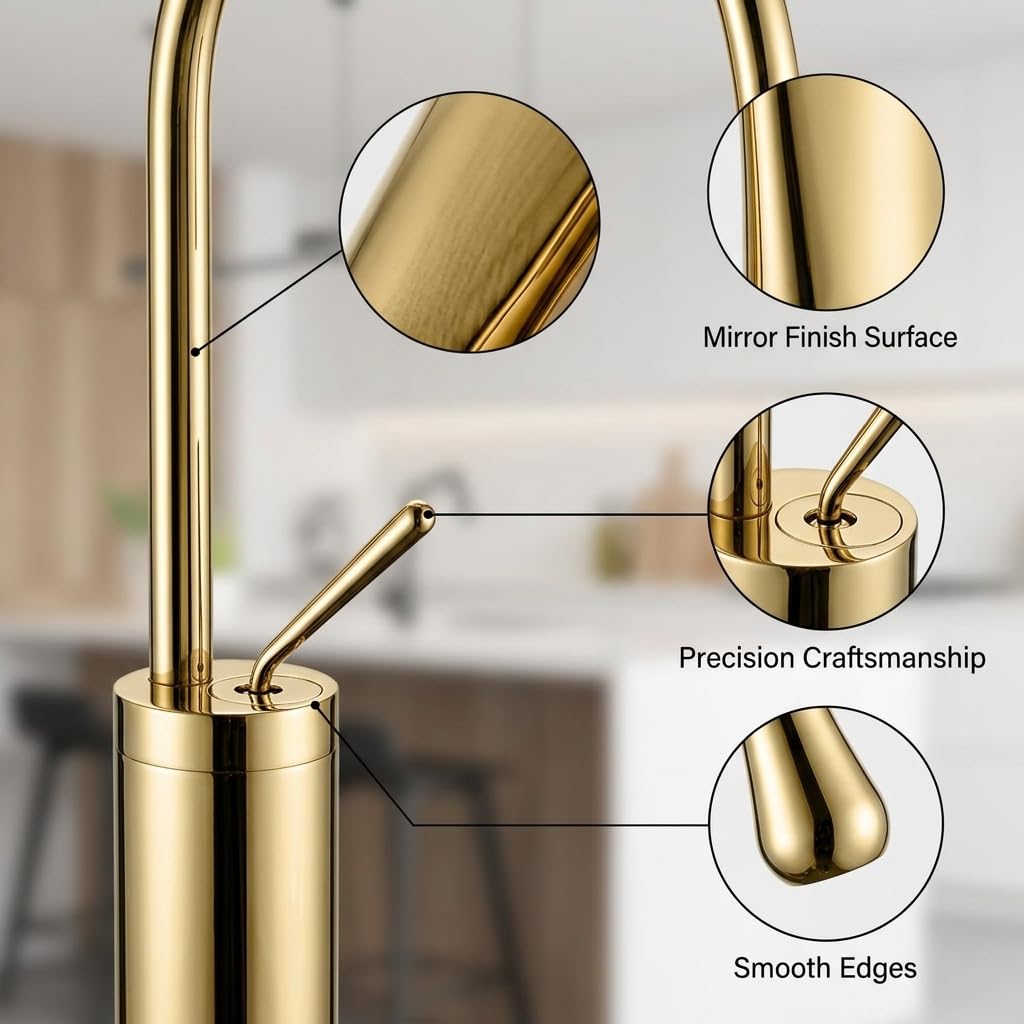 Detail of high neck spout on gold single lever basin mixer tap, ideal for countertop wash basin clearance