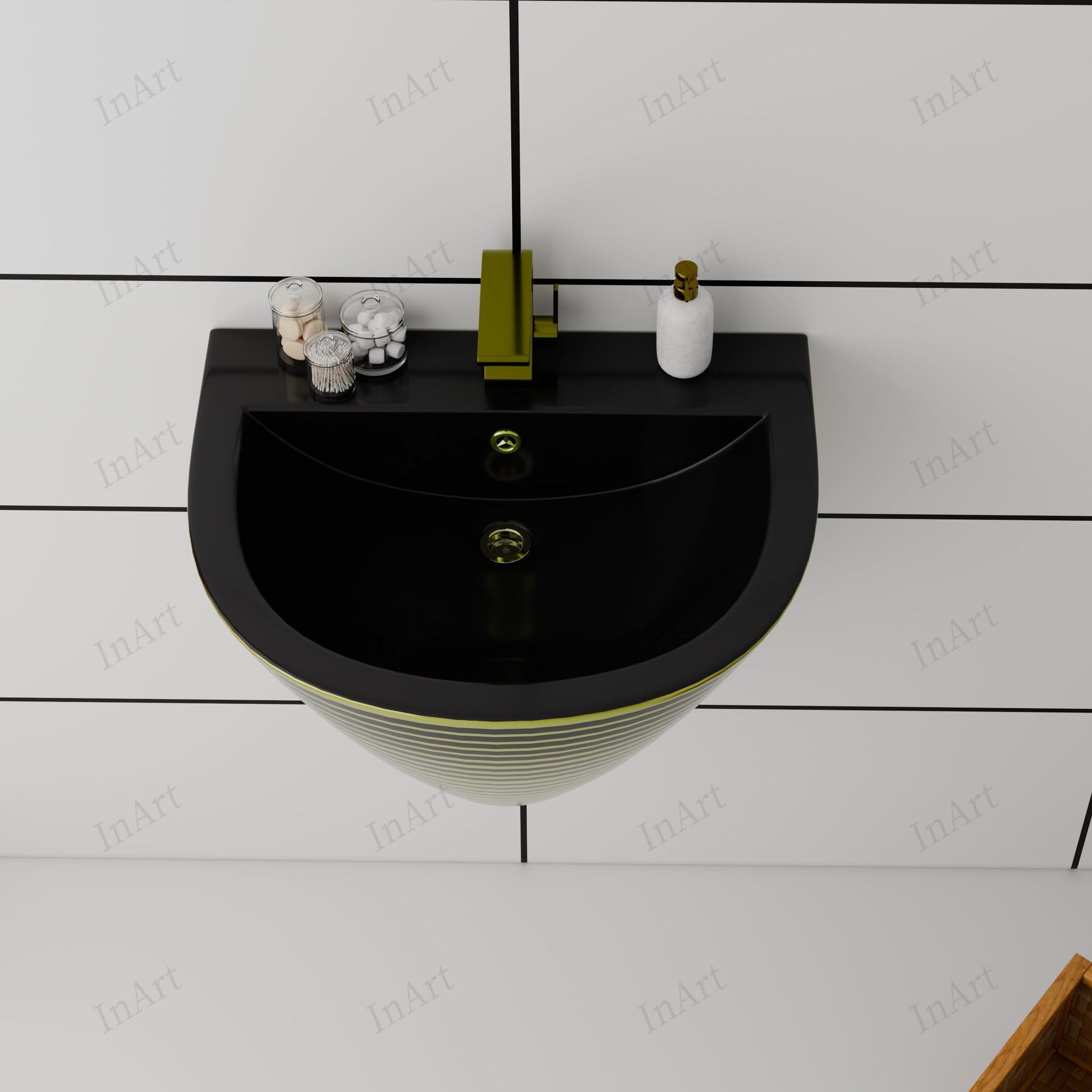 Tiny wall mounted sink for modern bathroom interior, rectangular ceramic wall hung basin with gold stripes
