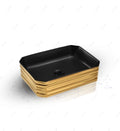 InArt ceramic table top wash basin, rectangular matte black with gold finish, main front view