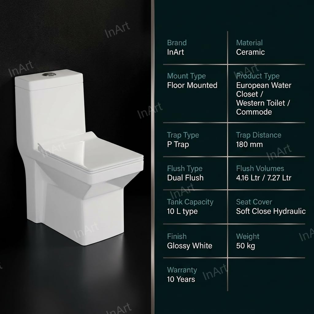 InArt soft close hydraulic toilet seat detail on single piece western toilet, glossy white ceramic finish