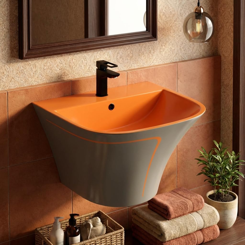 InArt ceramic wash basin rectangular wall hung half pedestal in orange grey matt satin finish, front view