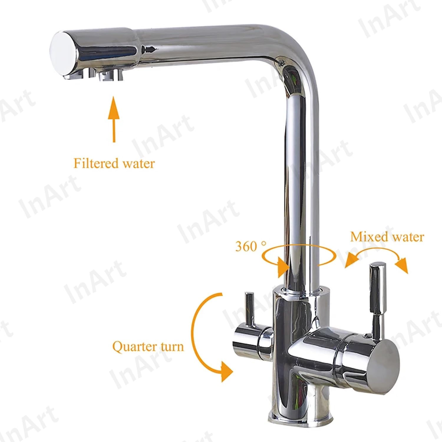 InArt chrome swan neck faucet style kitchen tap, 360° swivel spout for daily washing and rinsing