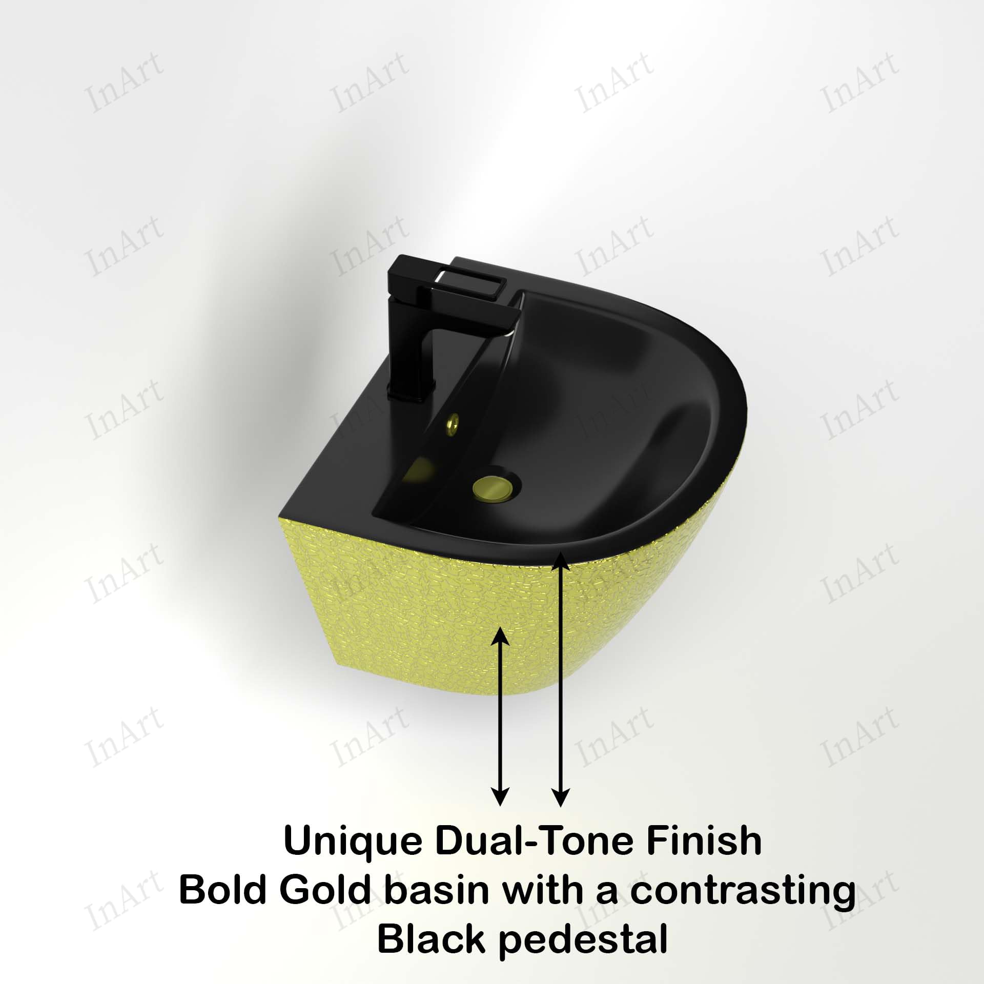 Small bathroom floating sink look, wall hung ceramic wash basin with half pedestal in black and gold finish