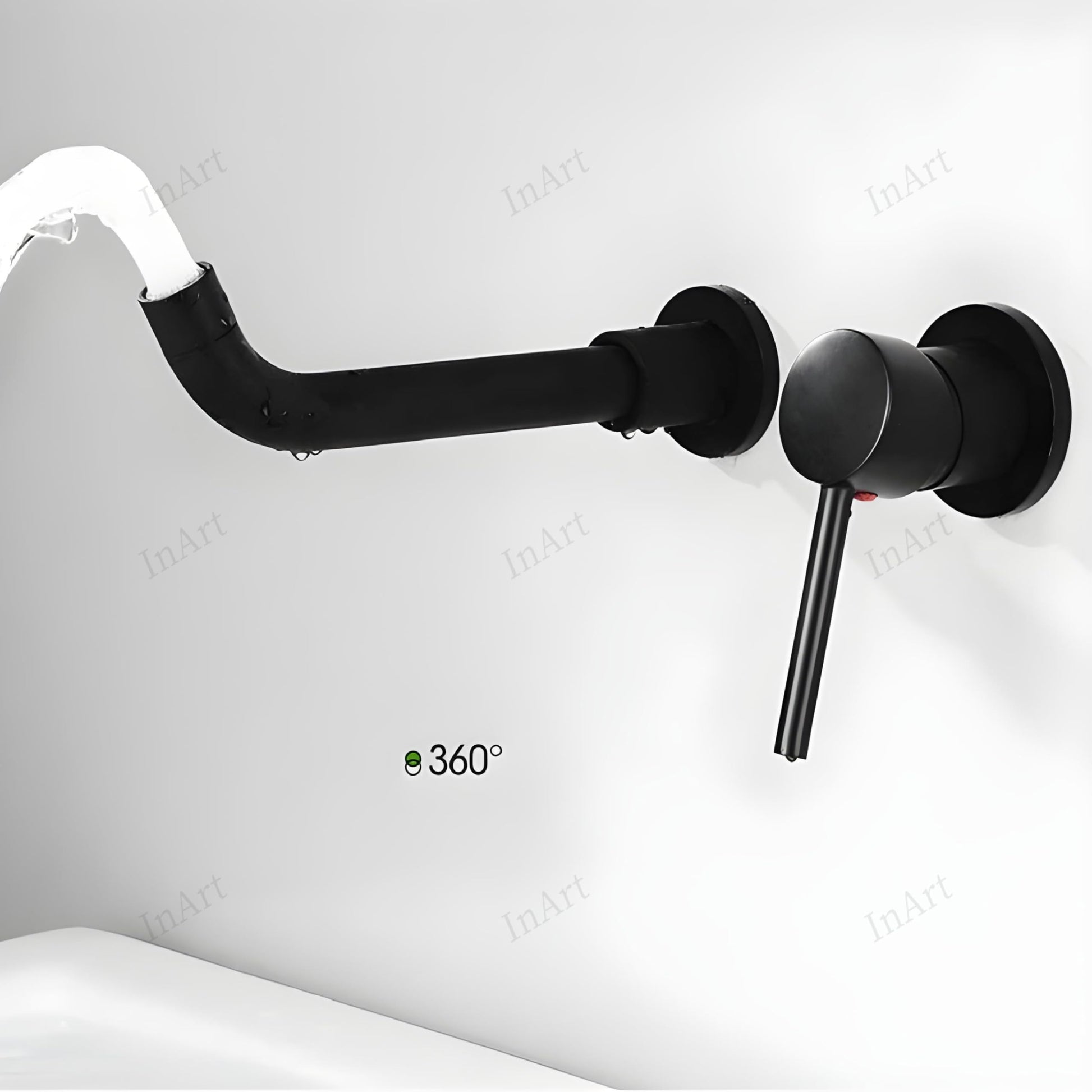 Detail of waterfall basin tap outlet in matte black, smooth water flow design for wash basin in bathroom
