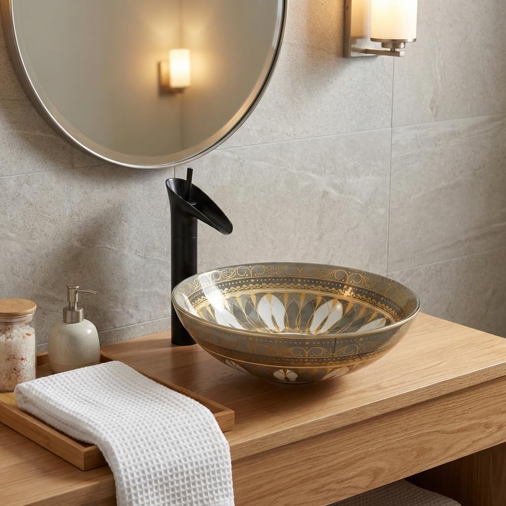 InArt tabletop washbasin close-up of glossy green Mexican design finish on ceramic surface