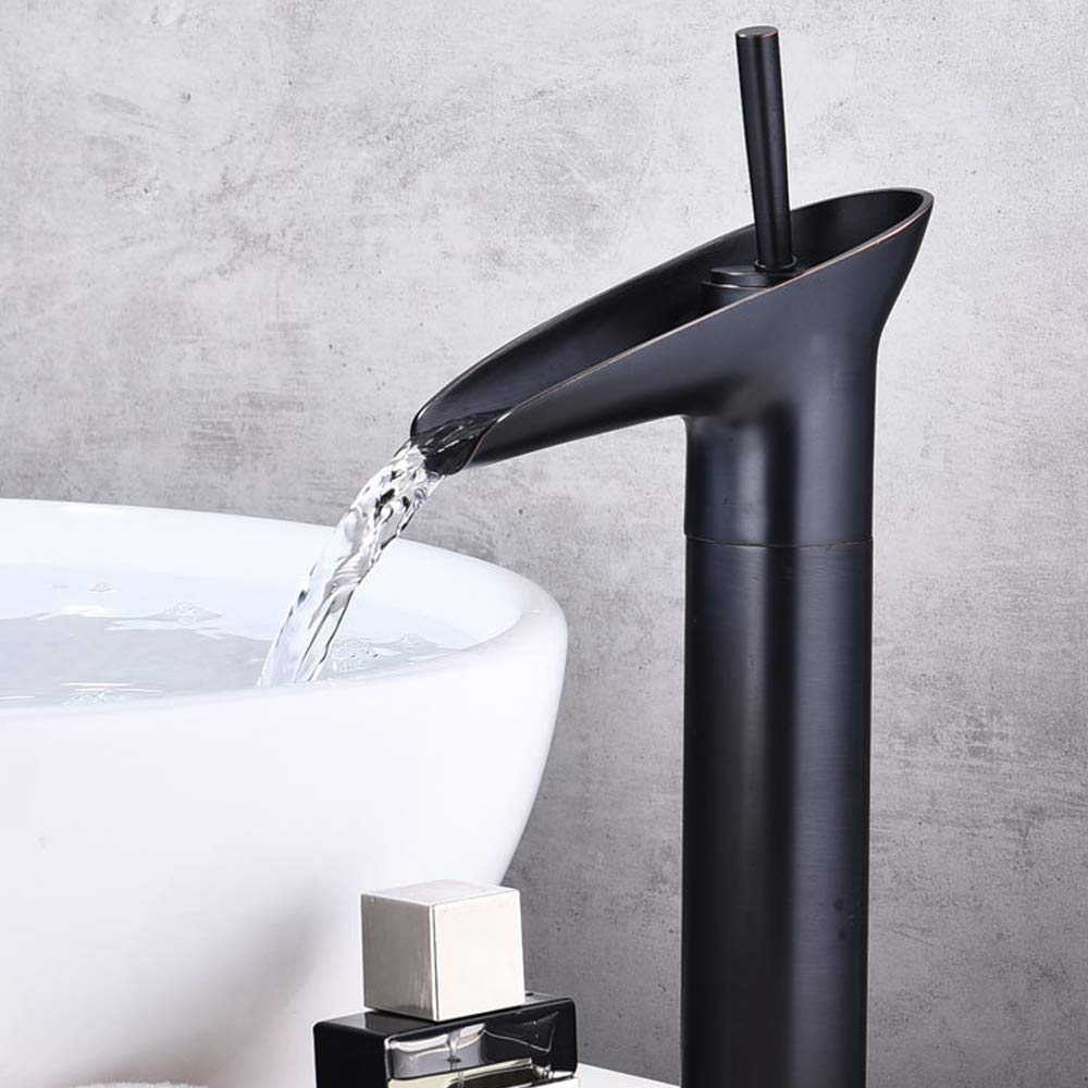 Designer basin mixer tap in matte black, tall black basin mixer with single lever, side angle for bathroom wash basin