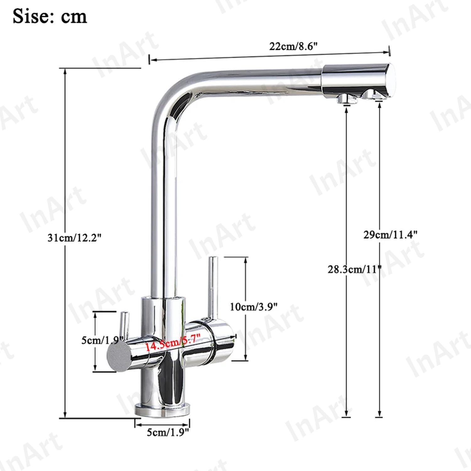 InArt swan neck kitchen sink tap with 3-way filter line, gooseneck spout detail in chrome