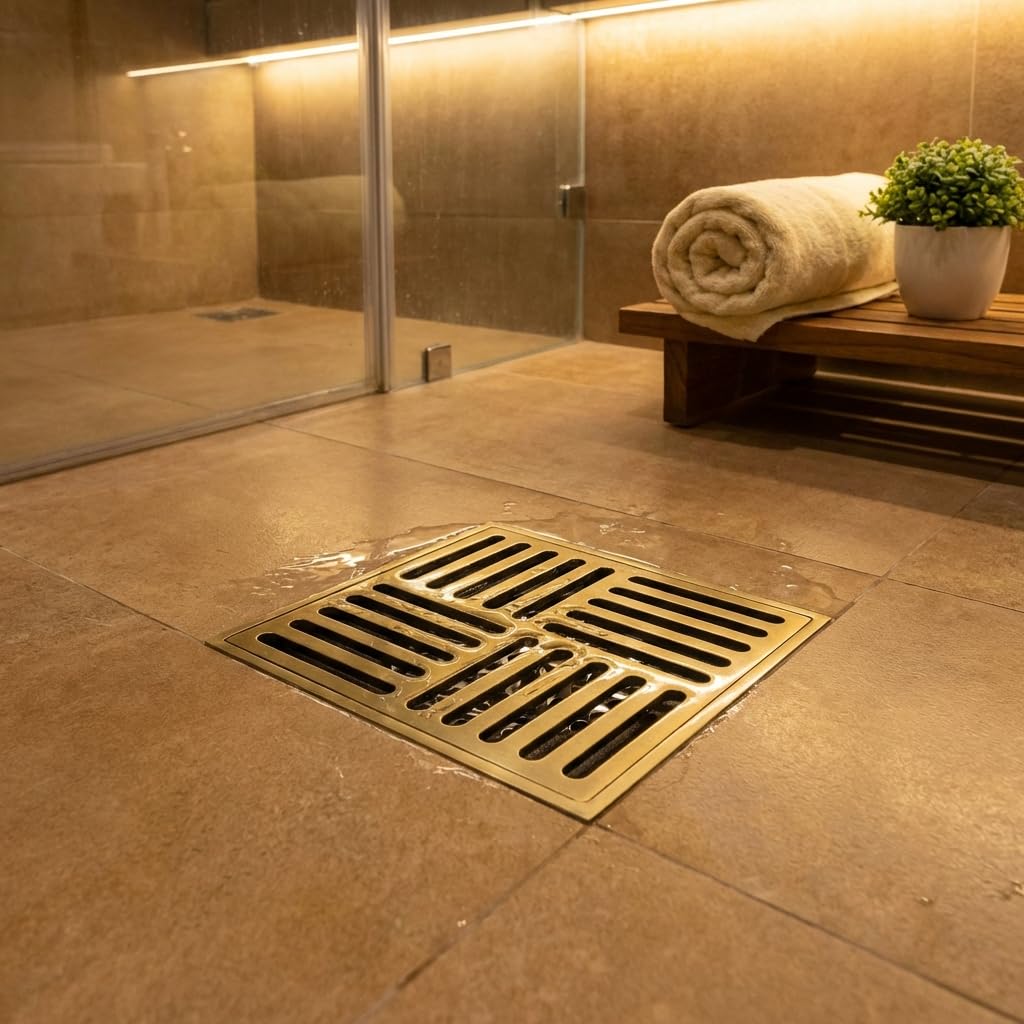 InArt brass floor drain square in antique bronze finish, easy clean bathroom and kitchen 4 inch pipe
