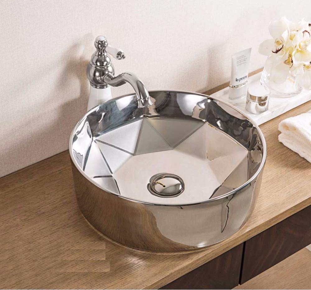 InArt modern table top wash basin design, round ceramic glossy white silver, main view