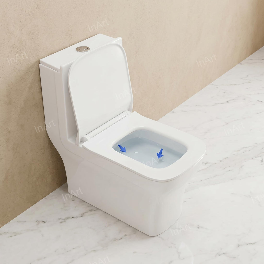 InArt ceramic one piece western toilet in glossy white, square floor mounted commode front view