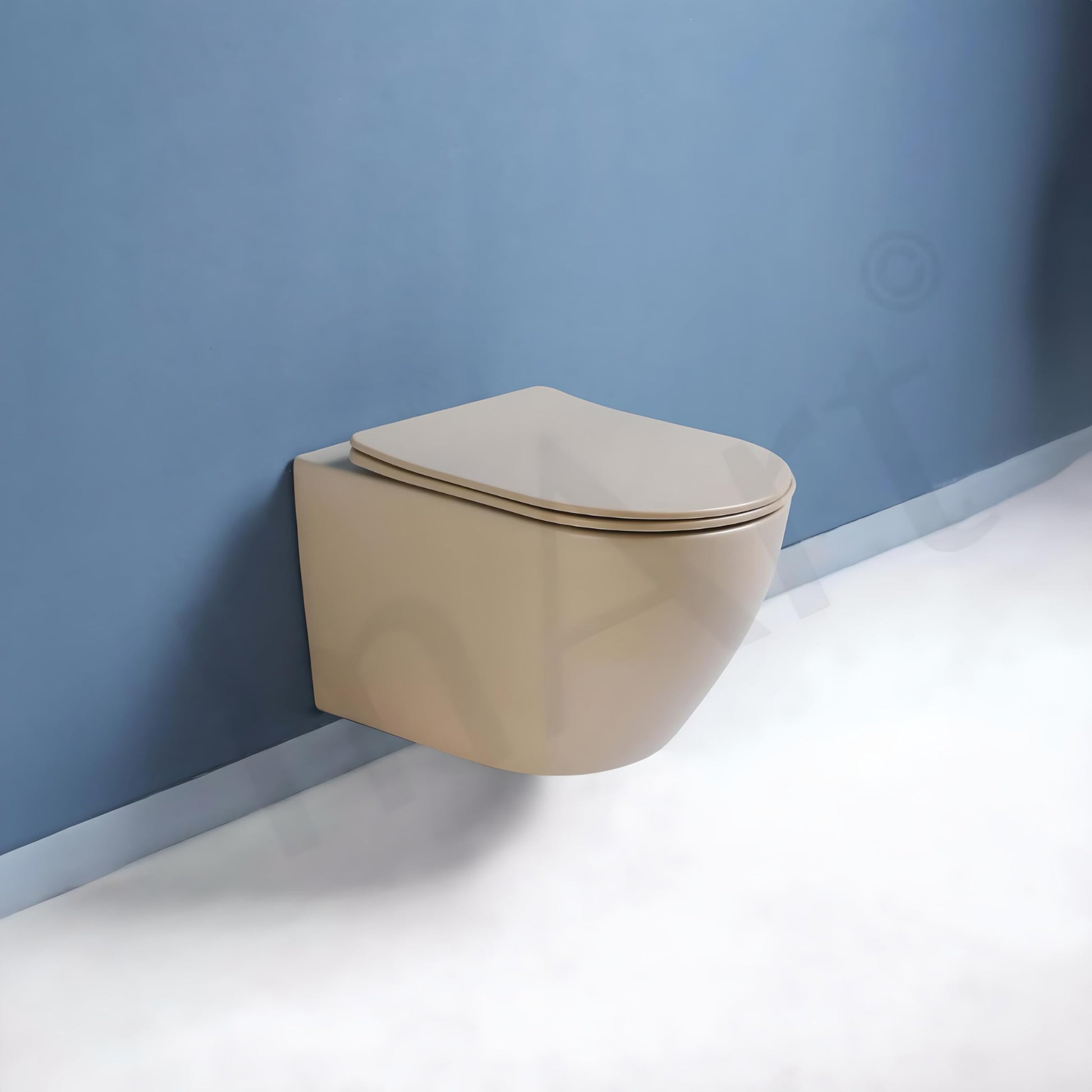 InArt wall mount commode in matt beige ceramic oval wall mounted western toilet, front view
