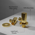 Gold angle valve 1 way with wall flange, brass heavy duty stop cock for tap connection - front view