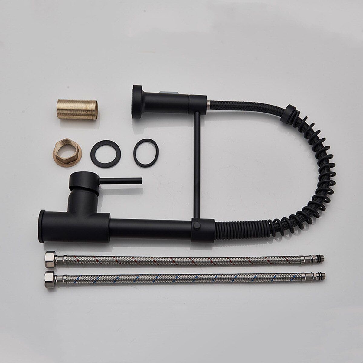 Brass sink mixer tap in black matt finish, kitchen sink tap with flexible hose and pull-down sprayer