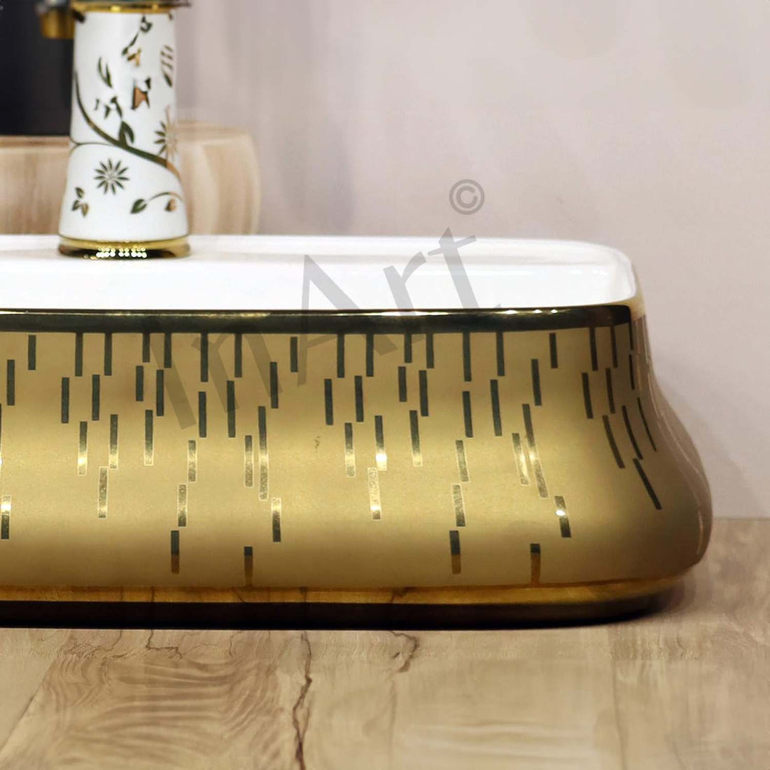 InArt Designer Ceramic Wash Basin, Vessel Sink, Over or Above Counter Top, Rectangle Shape, Gold White, 21 x 14.5 x 5 Inch – Luxury Bathroom Sink DW322