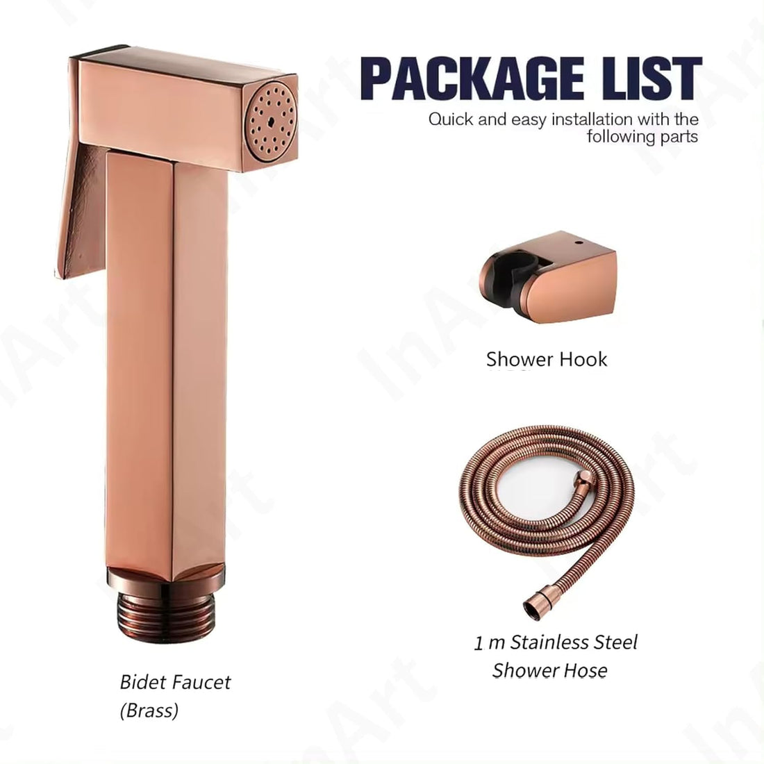InArt brass health faucet price rose gold handheld jet spray with hose and holder, main view