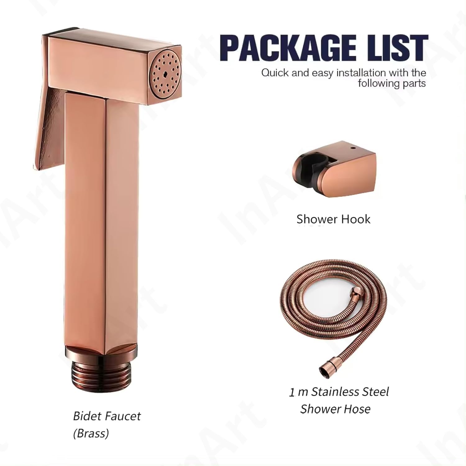 InArt bathroom health faucet rose gold brass jet spray with hose and wall holder, side angle view