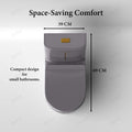 One piece ceramic western toilet with rimless bowl and oval seat, glossy grey finish, right angle view for washroom