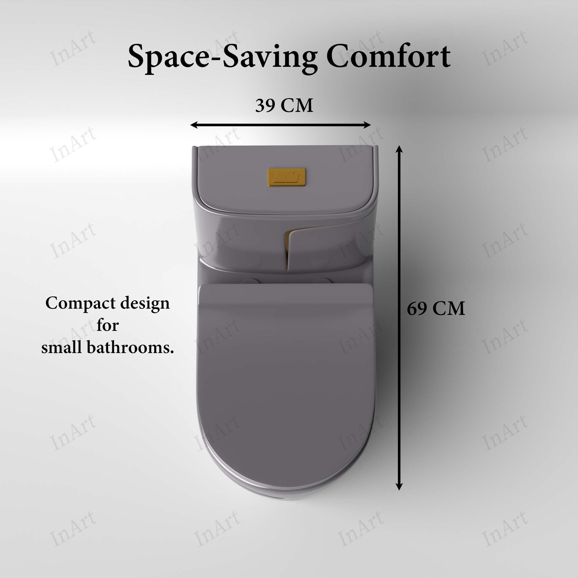 One piece ceramic western toilet with rimless bowl and oval seat, glossy grey finish, right angle view for washroom