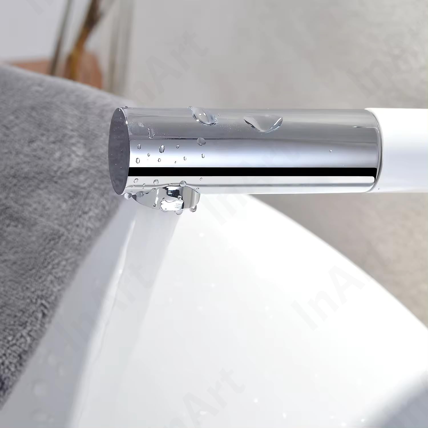 Close-up of ceramic disc cartridge single lever basin mixer tap for hot and cold basin mixer, smooth handle detail