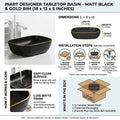 Table top wash basin counter design in matte black ceramic, rectangular basin with tap hole view