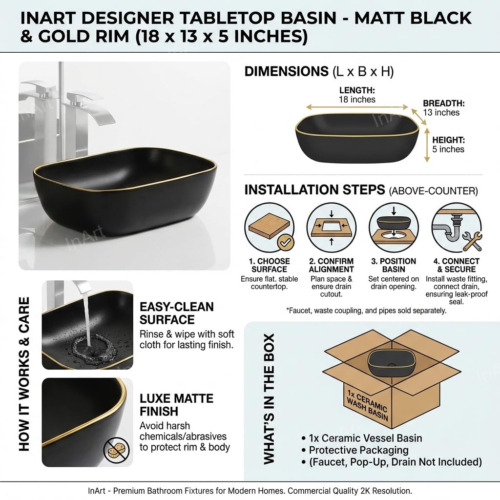 Table top wash basin counter design in matte black ceramic, rectangular basin with tap hole view