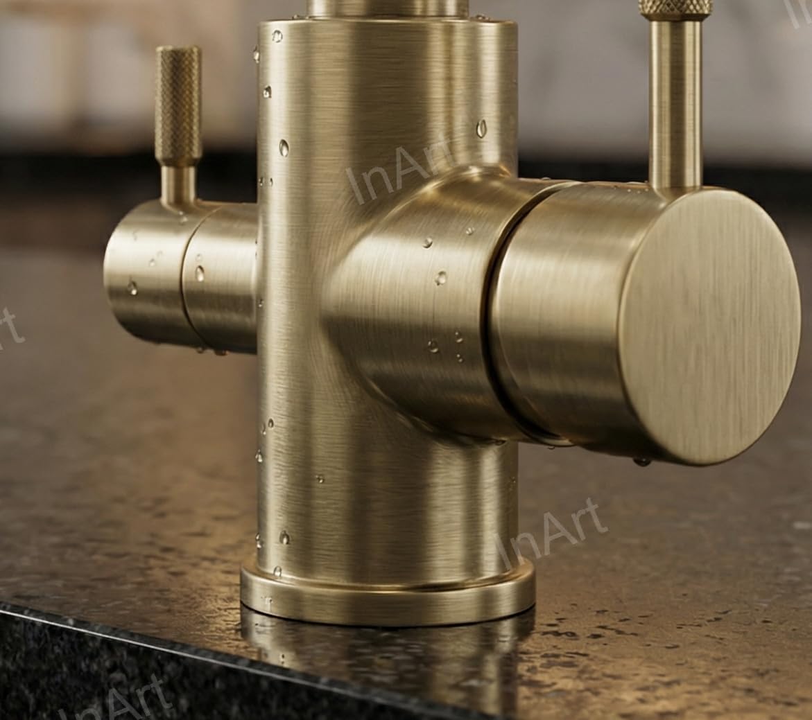 Close-up of dual lever controls on antique brass sink tap filter, smooth operation for hot, cold and filtered water