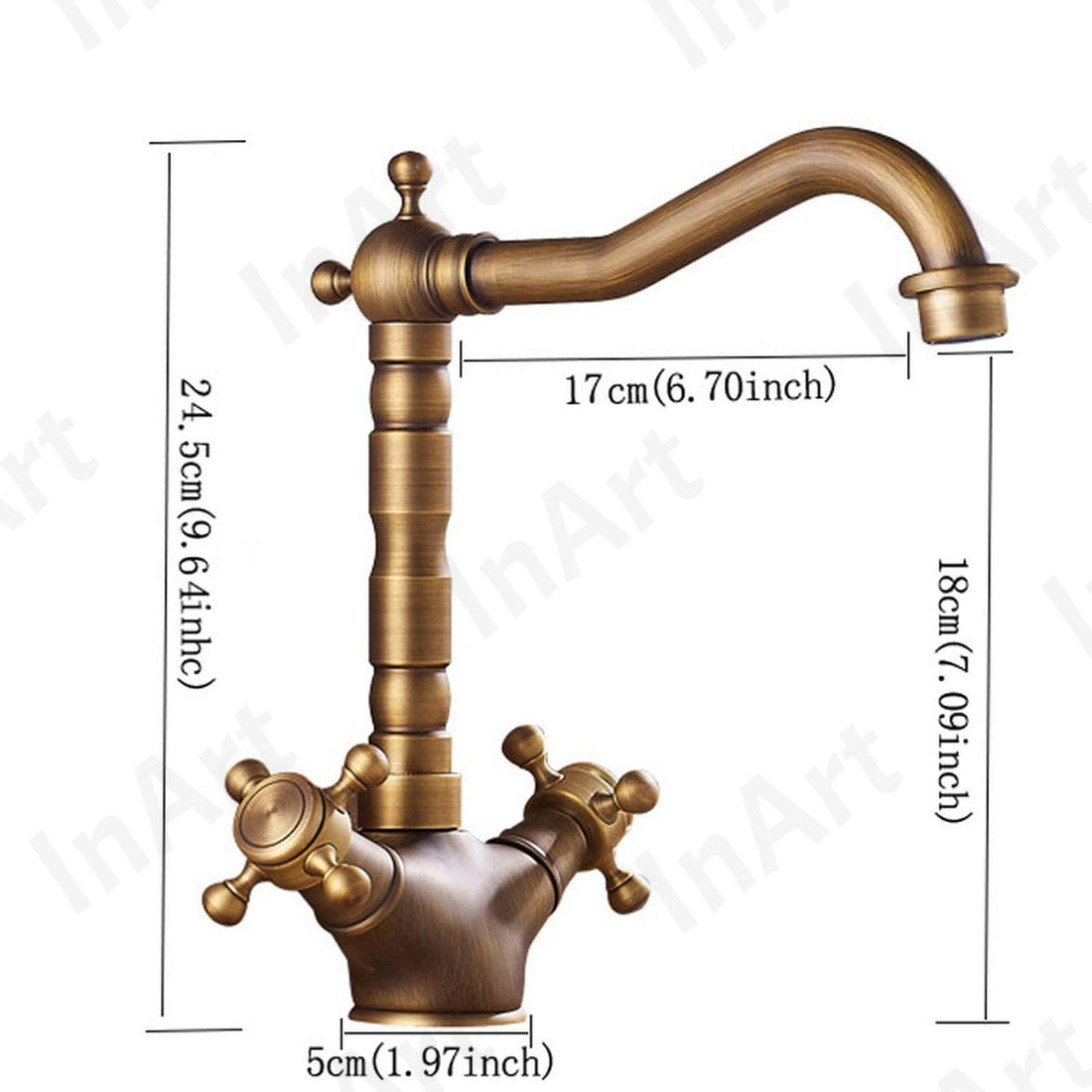 InArt waterfall basin tap in antique matt brass, deck mounted hot and cold mixer for bathroom wash basin
